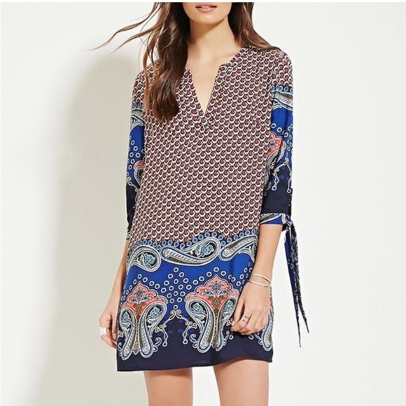 Forever 21 boho paisley printed long sleeve mini shift dress . Size M - Picture 2 of 12